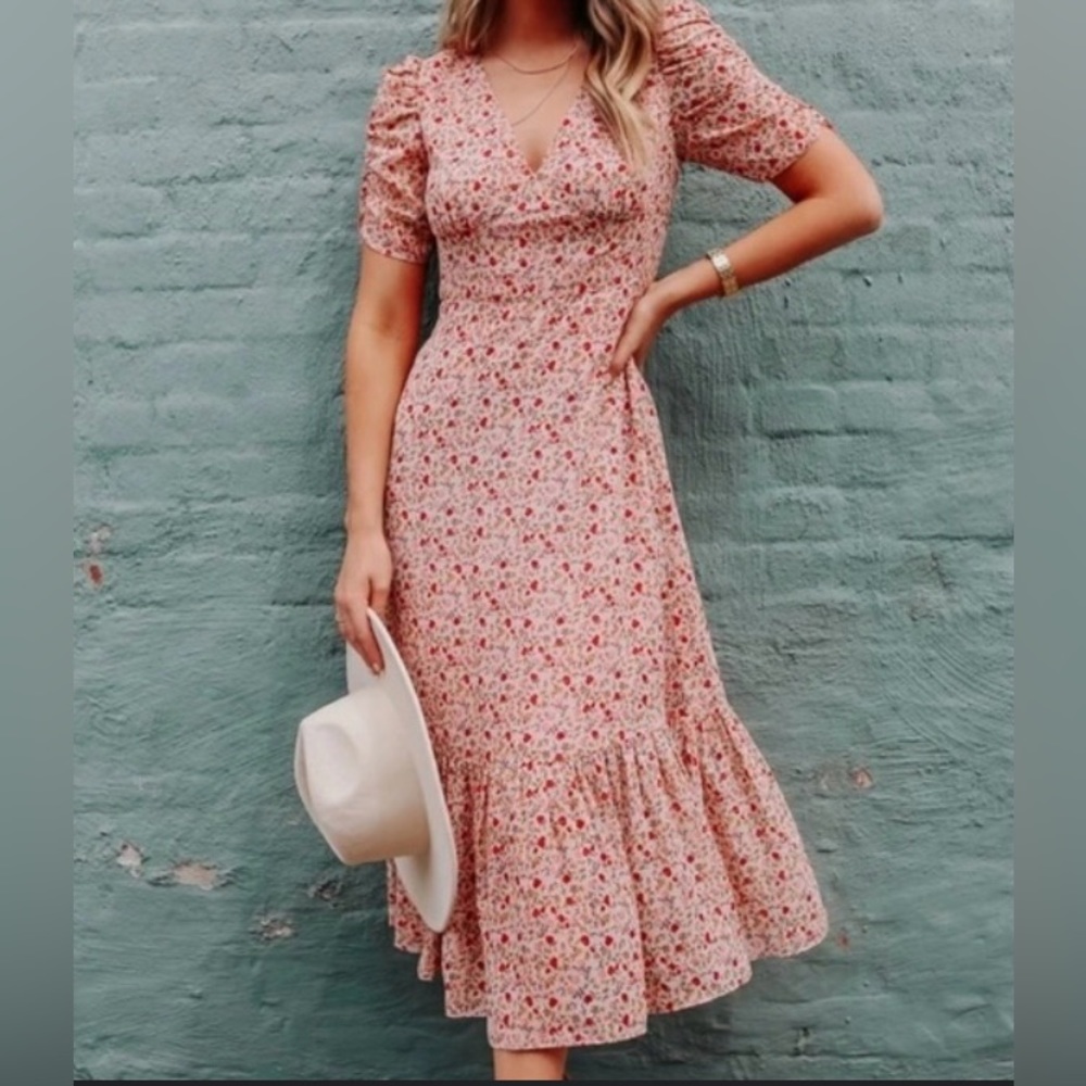 Pink Floral Maxi Dress Synched Sleeves
